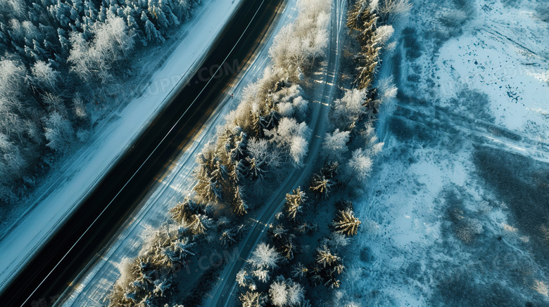 航拍积雪森林公路里行驶的车辆图片