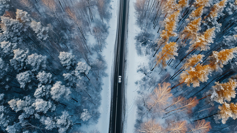 航拍积雪森林公路里行驶的车辆图片