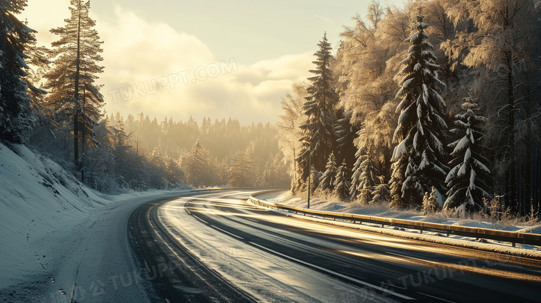 晨光照耀的白雪覆盖的蜿蜒山路图片