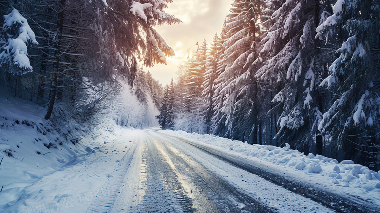 晨光照耀的白雪覆盖的蜿蜒山路图片