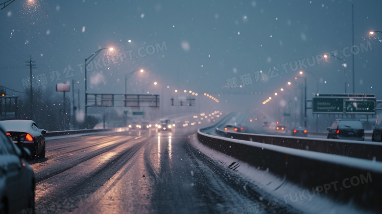 夜间雪中行驶在湿滑道路上的车辆图片