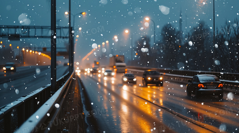 夜间雪中行驶在湿滑道路上的车辆图片