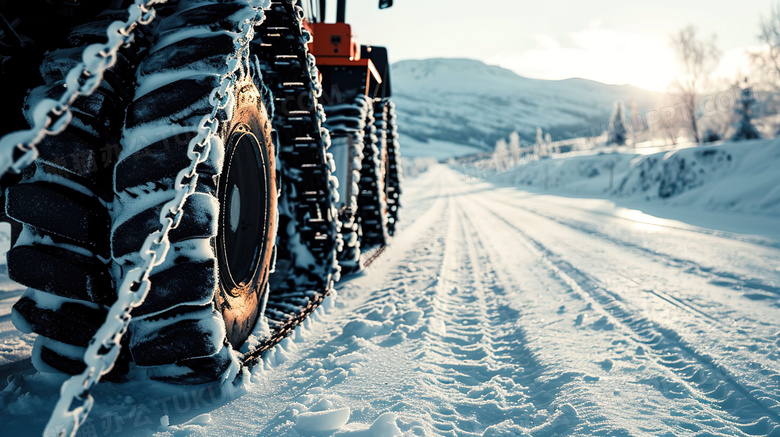 积雪道路上装上防滑链的汽车轮胎特写图片