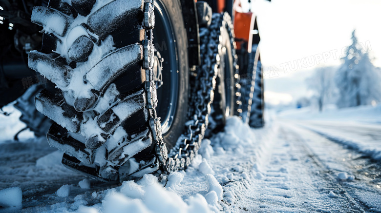 积雪道路上装上防滑链的汽车轮胎特写图片