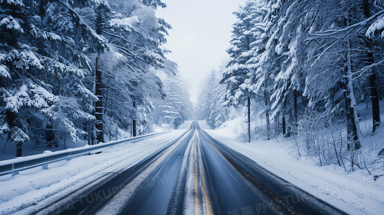 冬季被白雪覆盖的蜿蜒山路图片