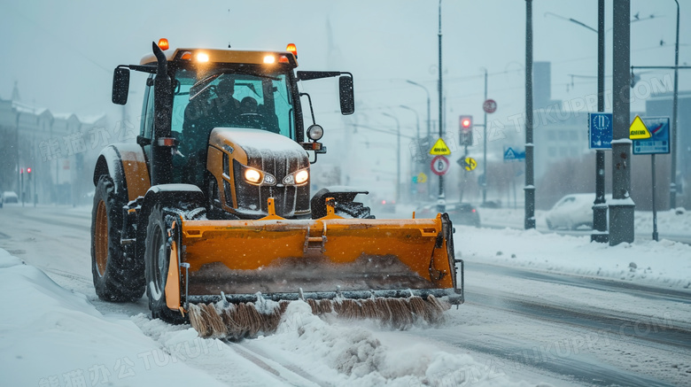冬季积雪道路上工作的铲雪车图片
