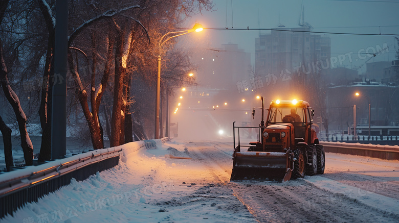 冬季积雪道路上工作的铲雪车图片