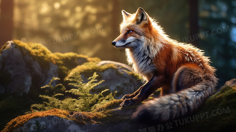 阳光森林石头上的狐狸图片