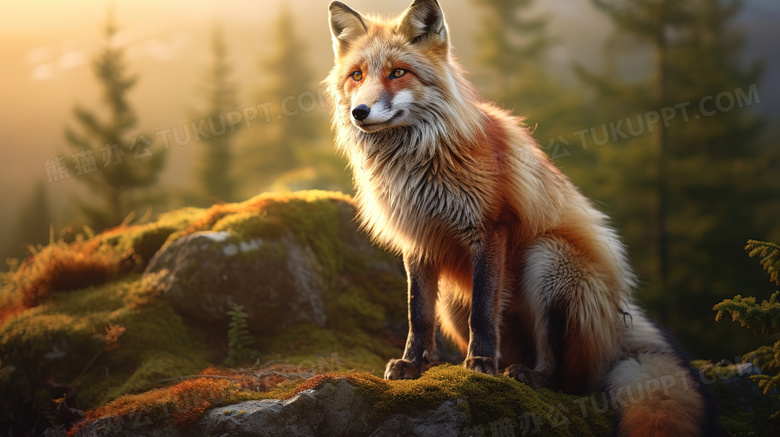 阳光森林石头上的狐狸图片