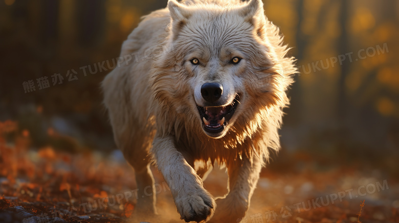森林中奔跑的白狼图片