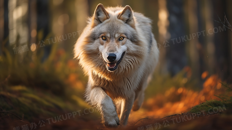 森林中奔跑的白狼图片