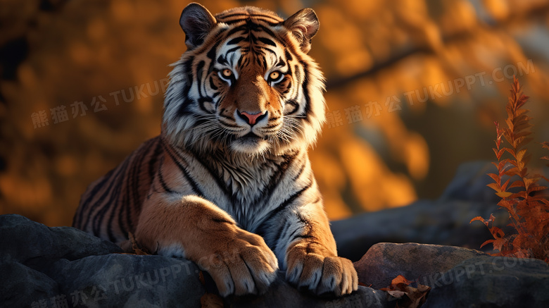 森林里坐在石头上的老虎图片