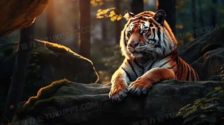 森林里坐在石头上的老虎图片