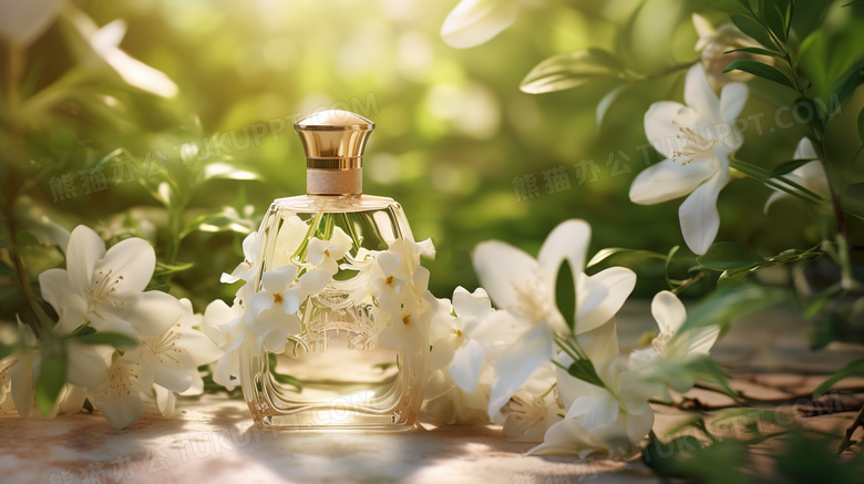 白色鲜花中的香水瓶图片