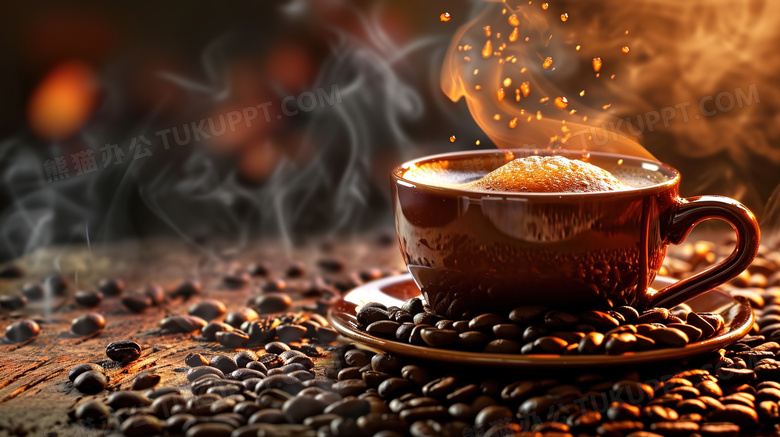 散落的咖啡豆上一杯热咖啡图片