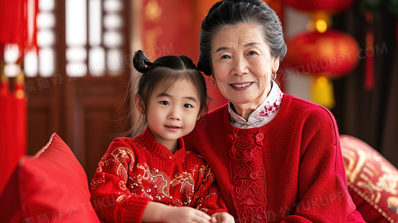 寒假春节可爱的女孩和奶奶穿着红色的喜庆衣服