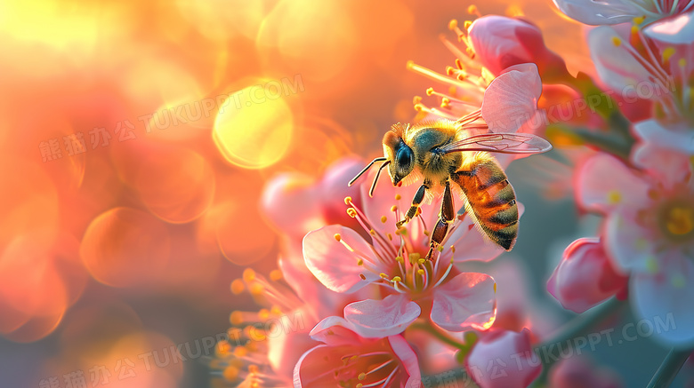 粉色樱花上的蜜蜂特写图片