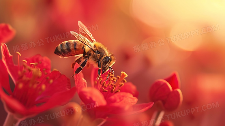 春季绽放的红色鲜花上的蜜蜂图片