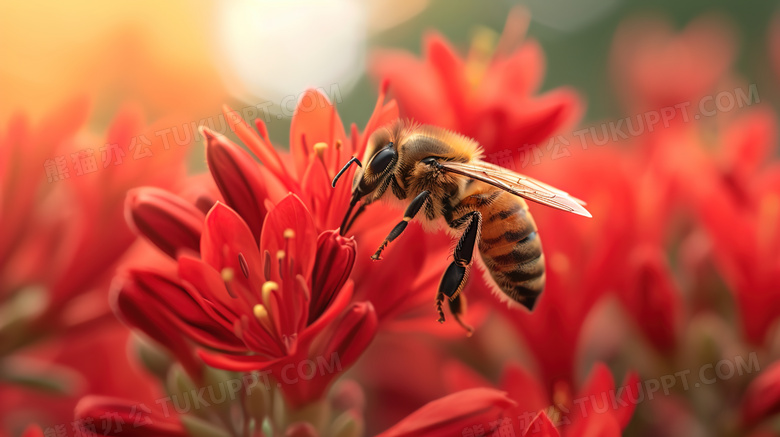 春季绽放的红色鲜花上的蜜蜂图片