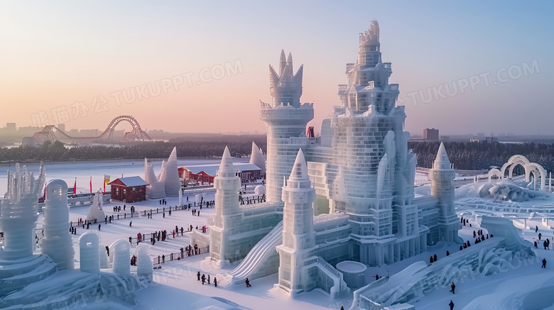 东北冬天壮观的冰雕游乐园