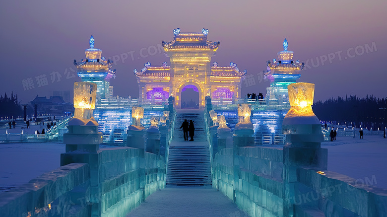 东北冬天壮观的冰雕游乐园夜景