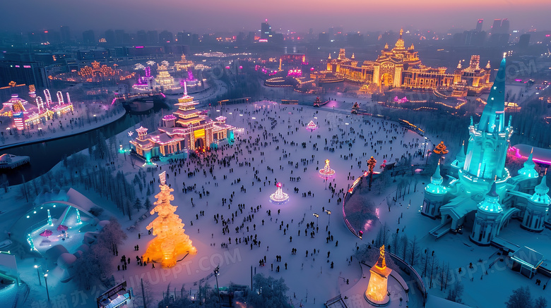 东北冬天壮观的冰雕游乐园夜景