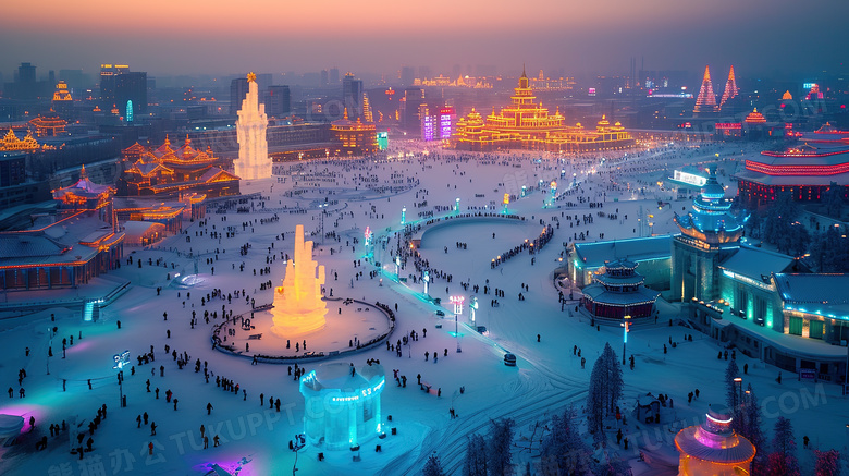 东北冬天壮观的冰雕游乐园夜景