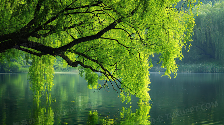 春天河畔翠绿的柳树图片