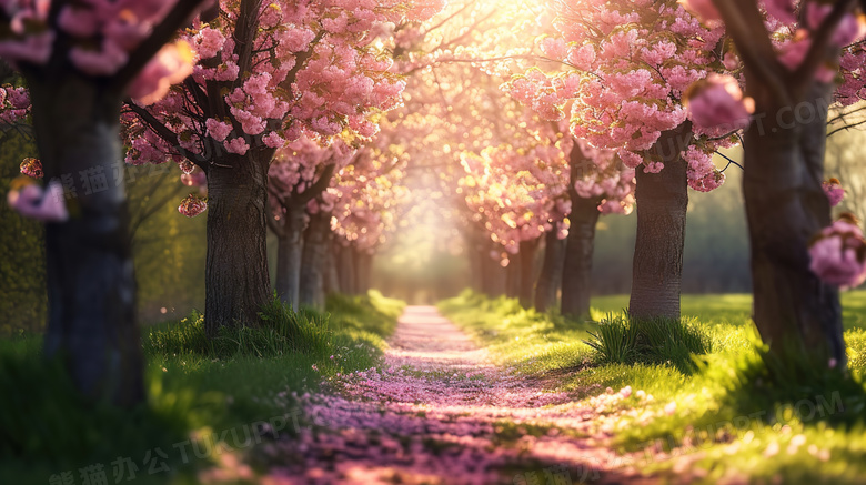 春日山野草地盛开的樱花树图片