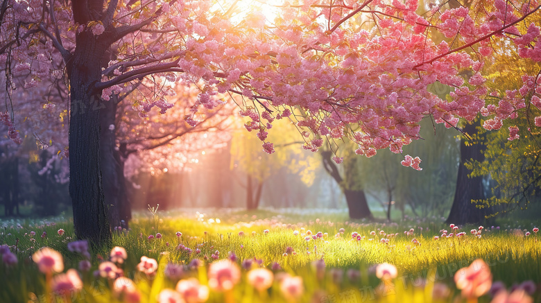 春日山野草地盛开的樱花树图片