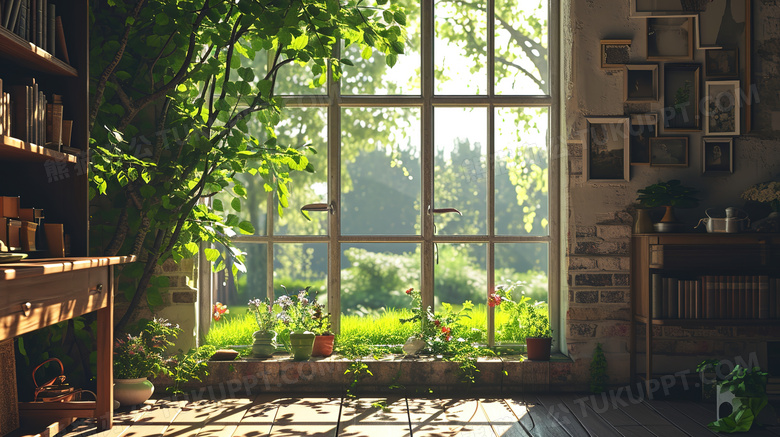 房间窗户外的绿色美景图片
