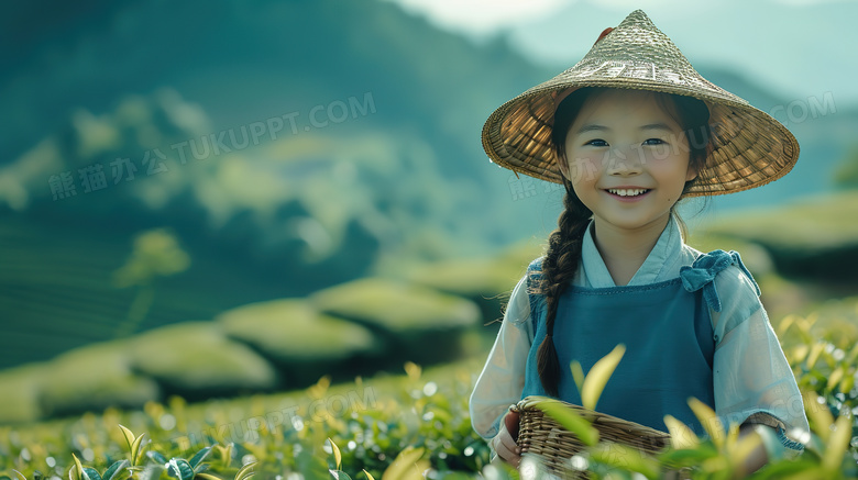 戴着草帽的采茶的少女图片