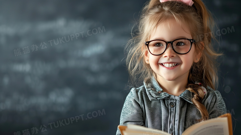黑板前读书的可爱女孩图片