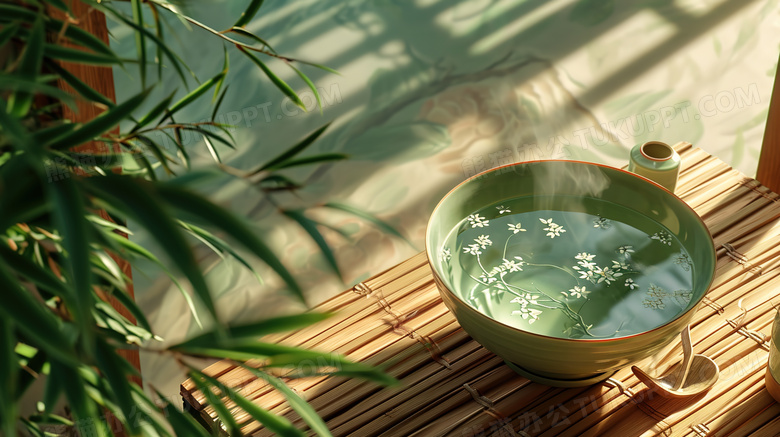 中式庭院竹简上的一碗花茶图片