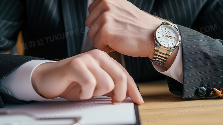办公桌旁戴着手表的讲解报告的商务人员图片