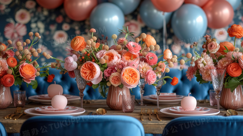装饰了鲜花和气球的生日派对场景图片