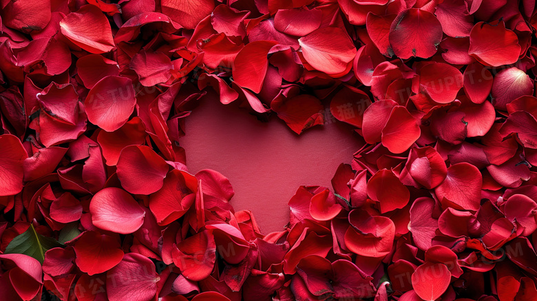 红色浪漫玫瑰花瓣堆成的爱心形状
