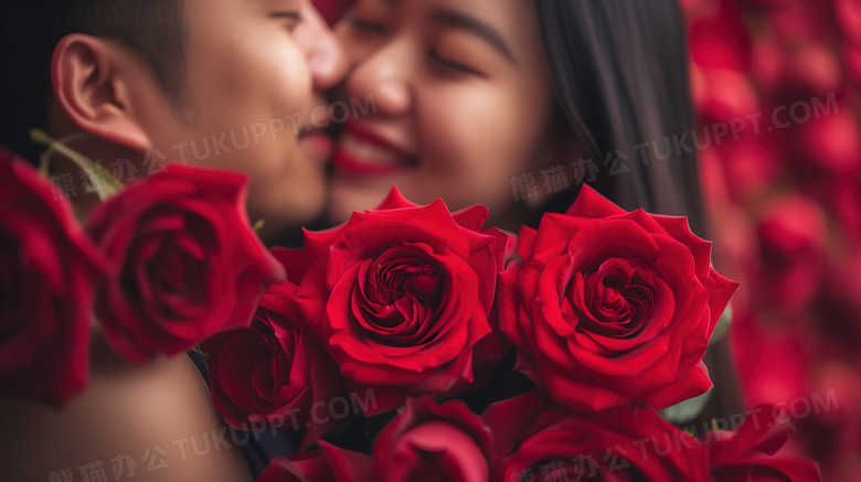 情人节被玫瑰花包围的甜蜜情侣