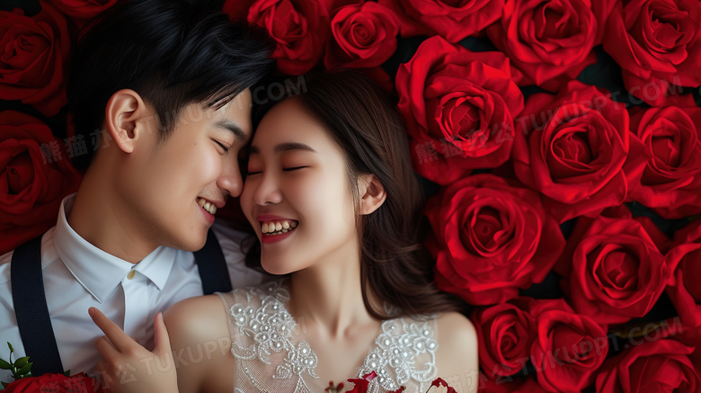 情人节被玫瑰花包围的甜蜜情侣