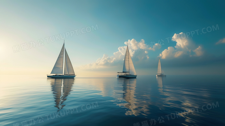 蓝天白云航海日帆船远景图片