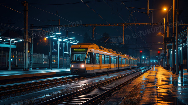 夜晚铁路轨道运输场景图片
