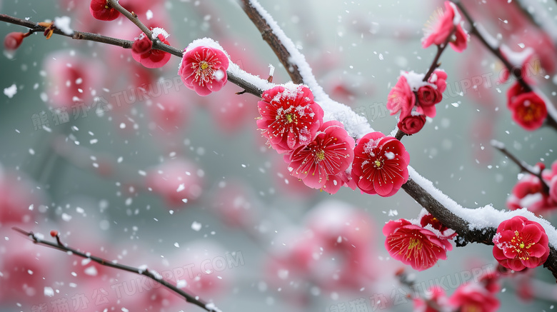 冬日下雪天绽放的梅花美景图片