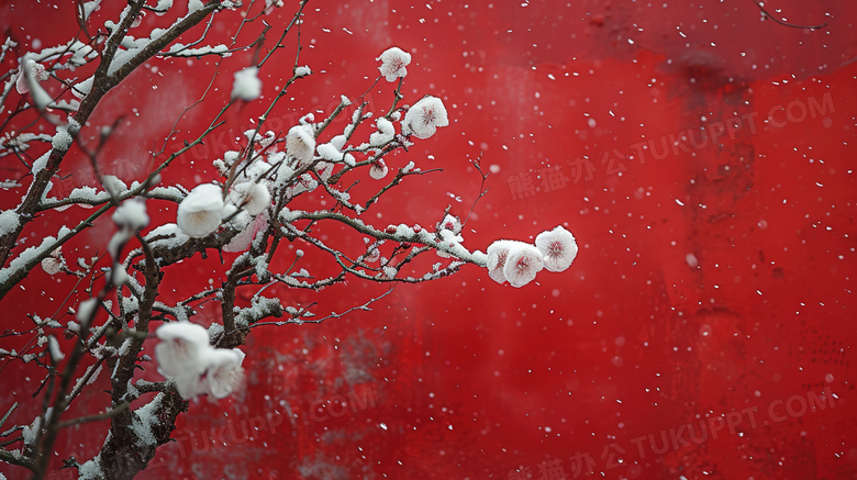 冬日下雪天红墙梅花美景图片
