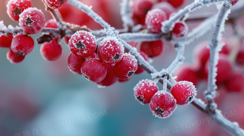 冬天挂在树枝上的红色果子图片