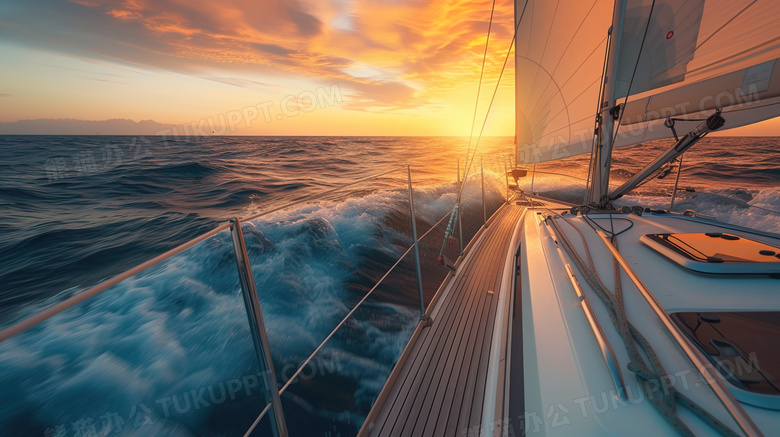 黎明时刻在海上行驶的快艇船头特写图片