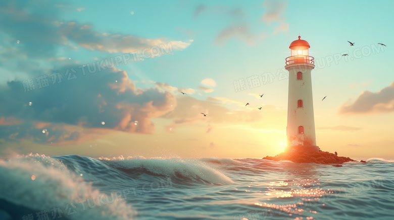波涛汹涌的大海里的灯塔图片