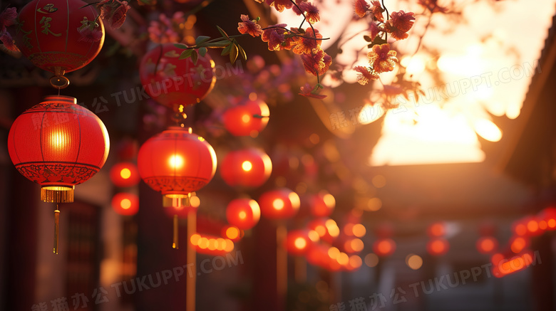 喜庆春节古镇街景红色灯笼