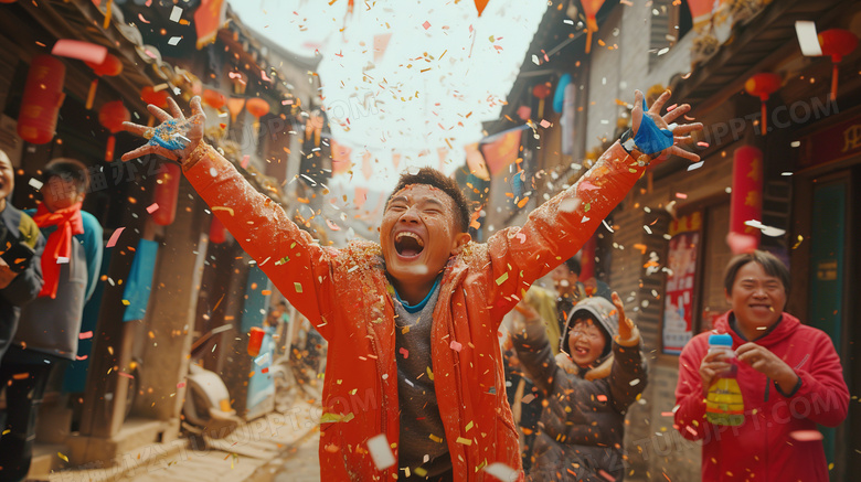 新年集市上开心欢呼的人