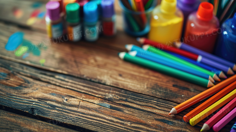 木桌上的彩色铅笔绘画工具图片