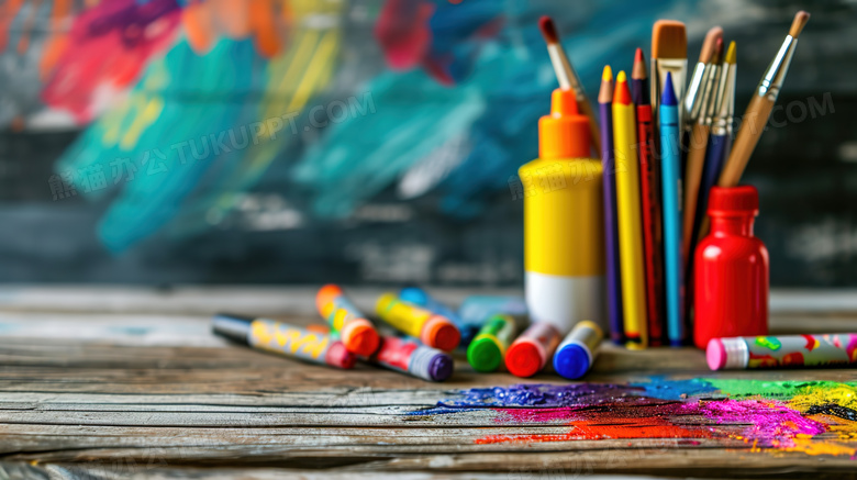 木桌上的彩色铅笔绘画工具图片